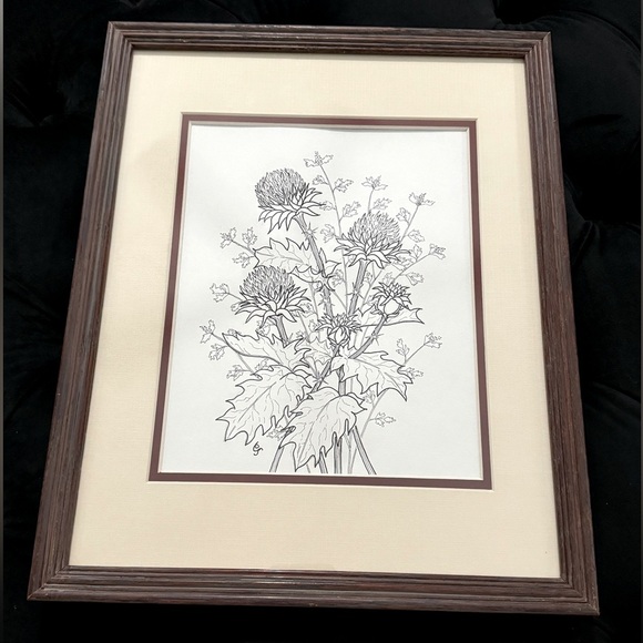 Vintage Framed Botanical Ink Pen Illustration Milk Thistle & Leaves MCM Unique - Picture 1 of 10